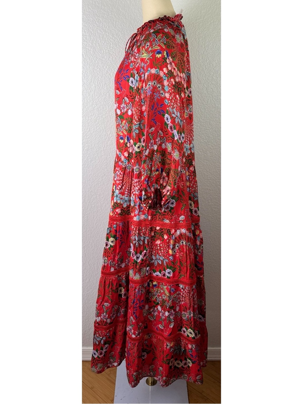Alice + Olivia Layla Tiered Ruffle Midi Dress Red Floral Boho Coastal Large - Picture 5 of 16